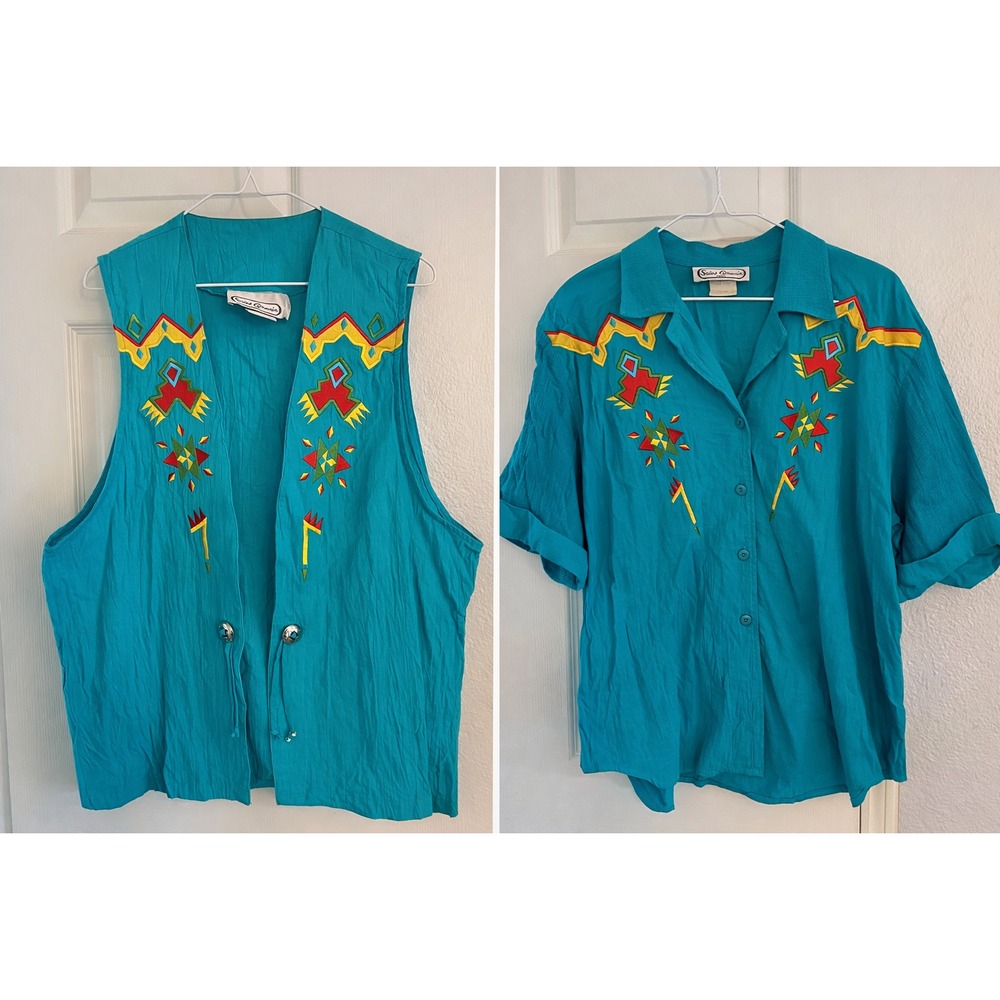 Saint Germain Vest & Shirt‎ Set Women's M & L Teal Aztec Western Hippie Boho Vtg